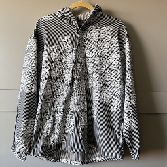 Sig Zane Full Zip Hooded Jacket Men Medium Gray Hawaiian Aloha Leaves Floral EUC